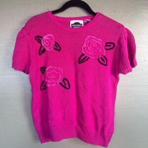 Greenwich Square Knit Pink Rose Balloon Cap Sleeve Vintage